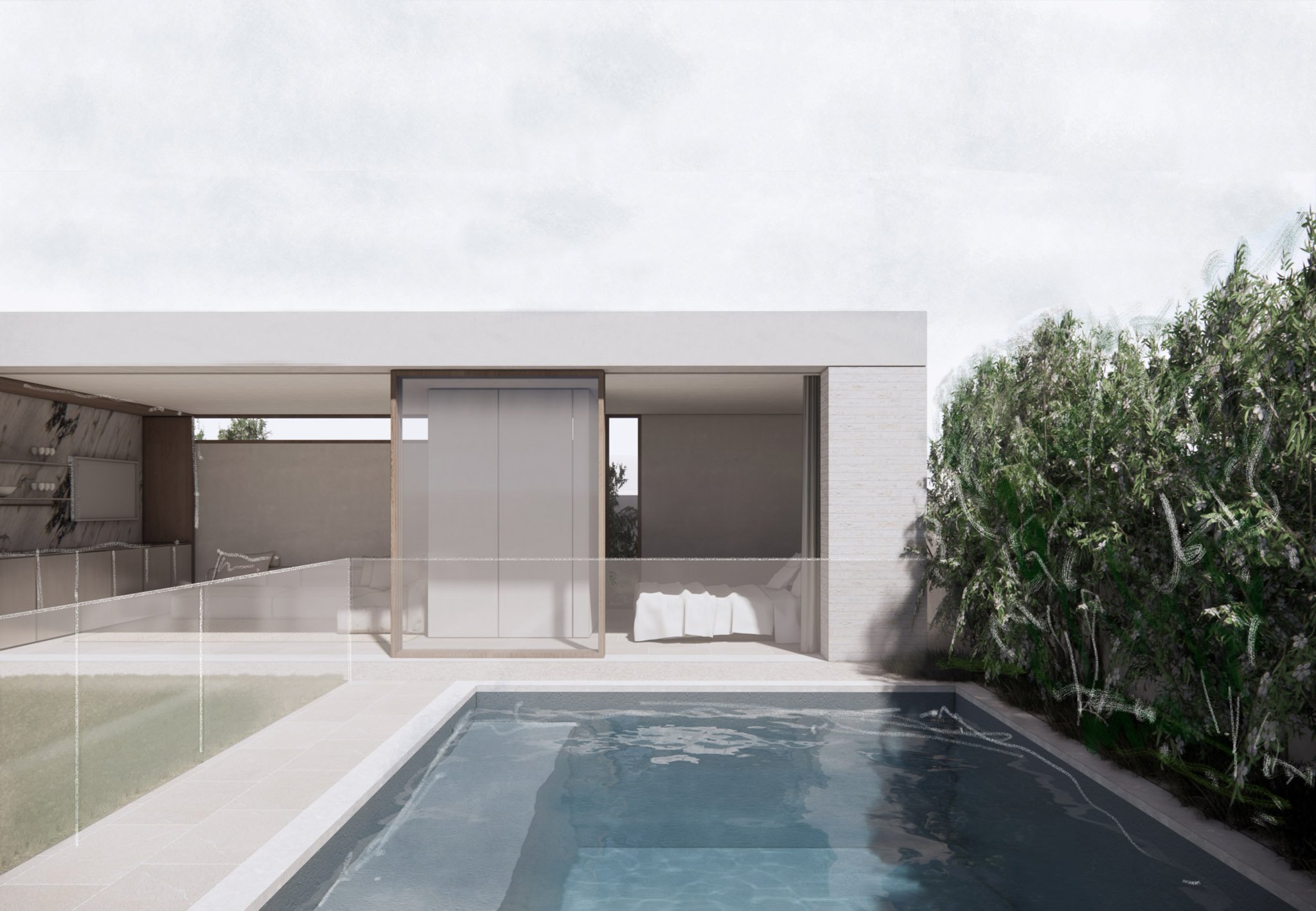 Modern backyard with a swimming pool, white patio, and a minimalist house with large glass sliding doors.