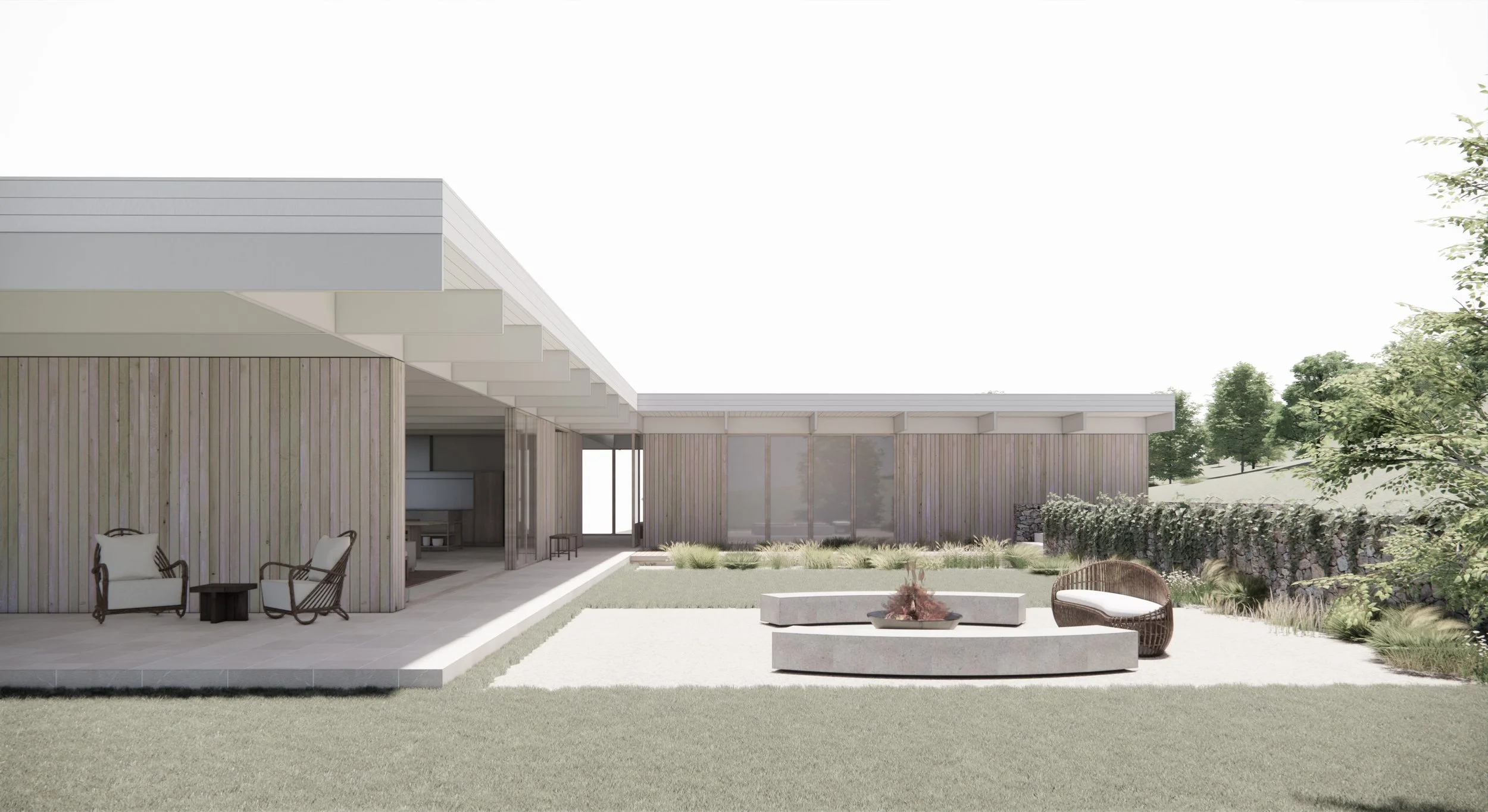 Modern house with outdoor seating area, grassy yard, and landscaped garden, featuring a patio with chairs, a fire pit, and trees in the background.