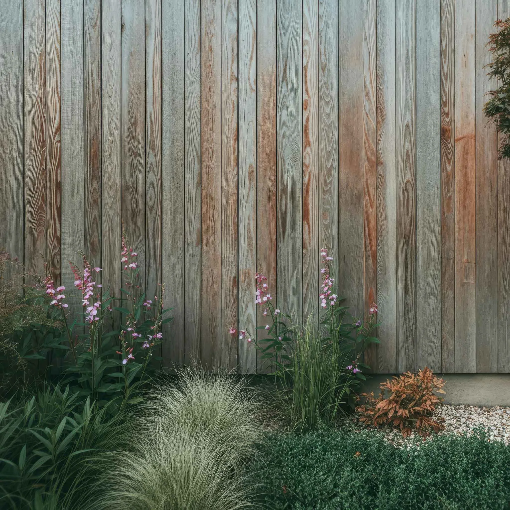 A garden with pink flowers and green plants in front of a weathered wooden fence.