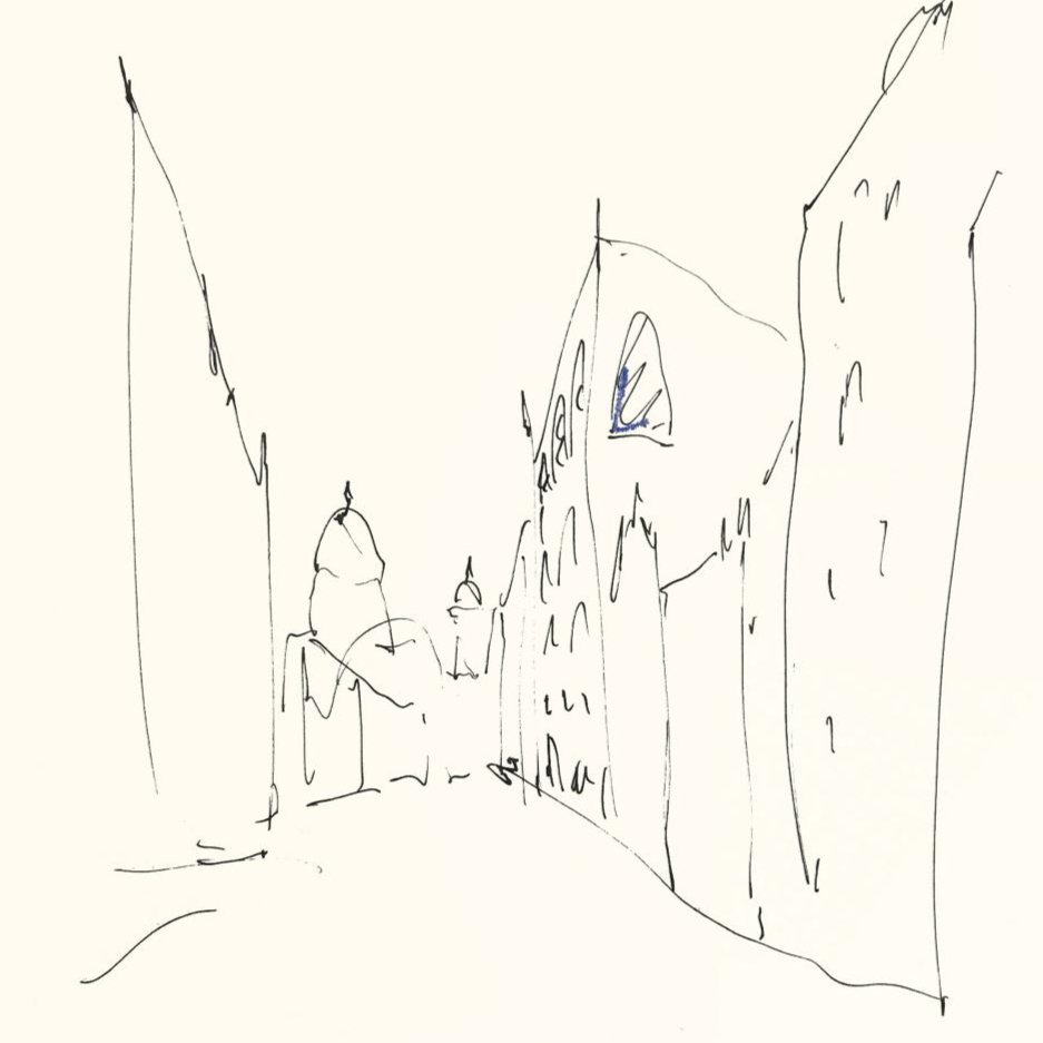 SAABA Architects & Interiors - Sketch of a city street with tall buildings and church domes.