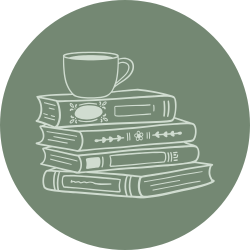 A stack of five books with a cup on top, all illustrated in white lines on a green circular background.