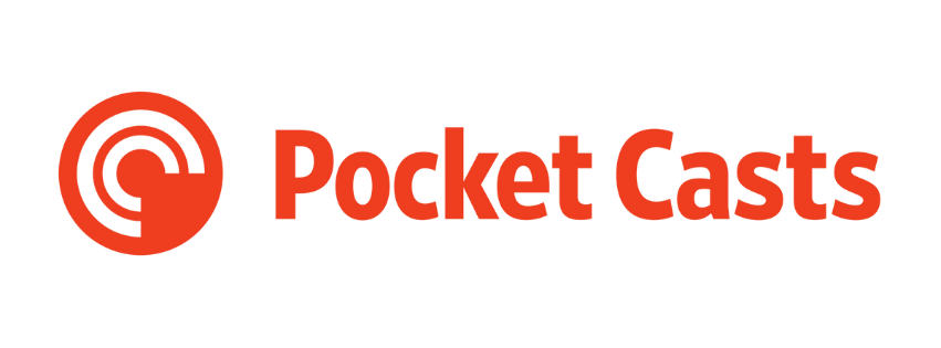 Pocket Casts logo with red icon and text on a black background.
