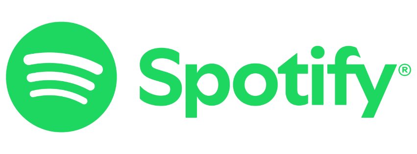 Spotify logo with green circle and black curved lines, and the word 'Spotify' in green text.