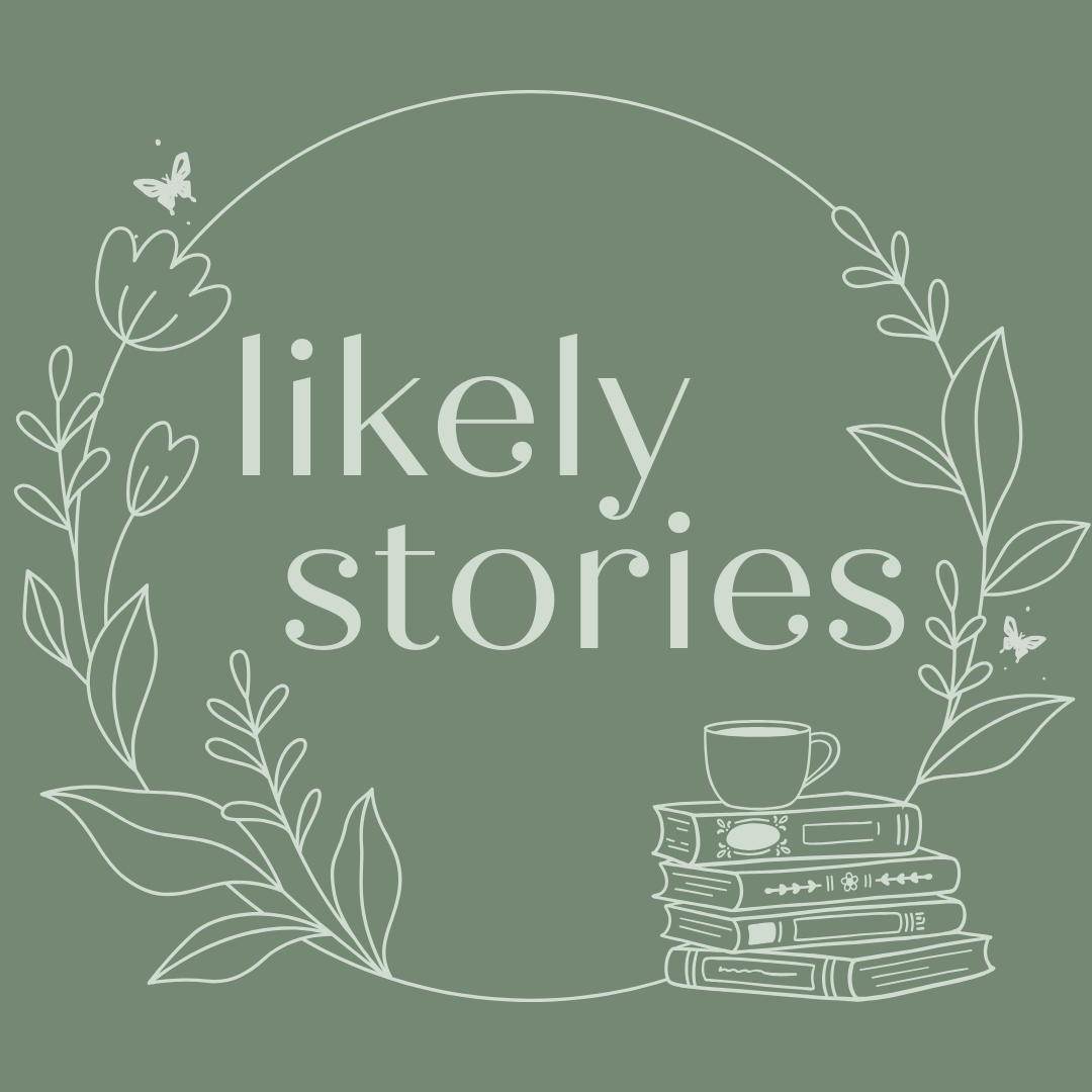 A graphic with the text "likely stories" surrounded by white line drawings of leaves, a butterfly, a steaming cup, and stacked books on a muted green background.