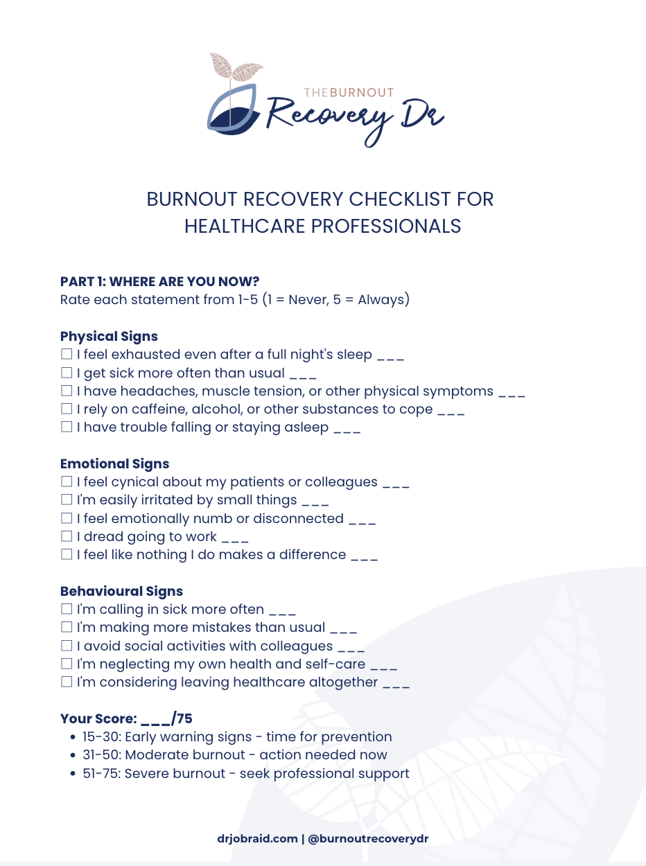 Image of front page of burnout recovery checklist for healthcare professionals