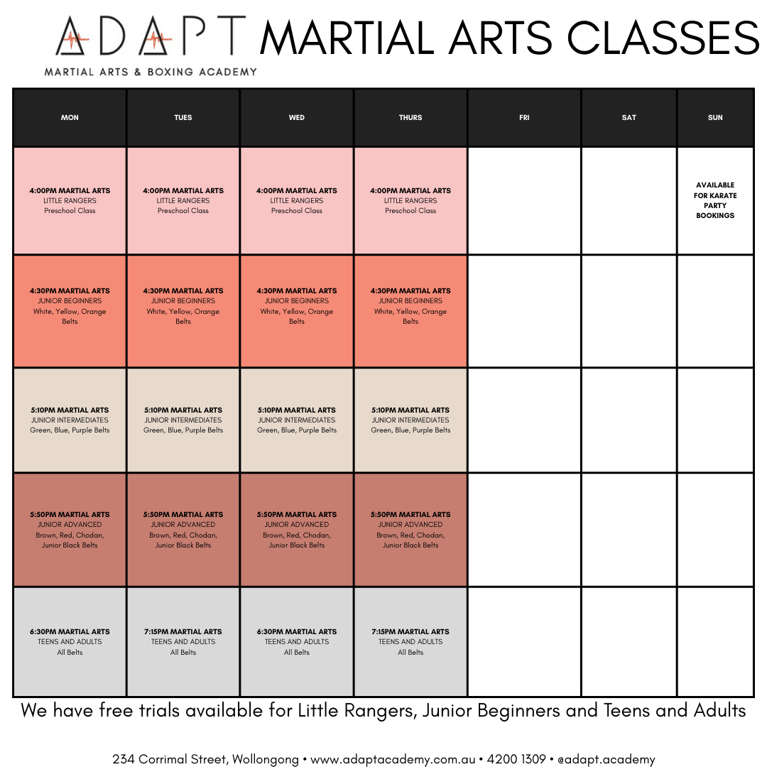 Weekly schedule for martial arts classes at Adapt Martial Arts & Boxing Academy, including class times and age groups for Little Rangers, Junior Beginners, Junior Intermediates, Junior Advanced, and Teens and Adults from Monday to Sunday.
