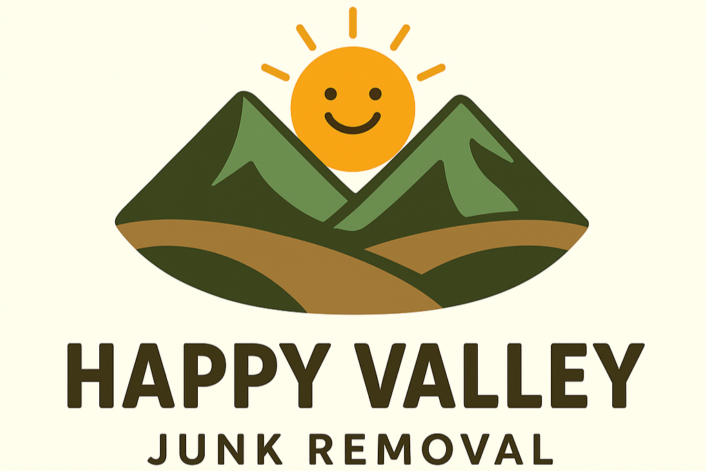 Logo for Happy Valley Junk Removal featuring a smiling sun above green mountains.
