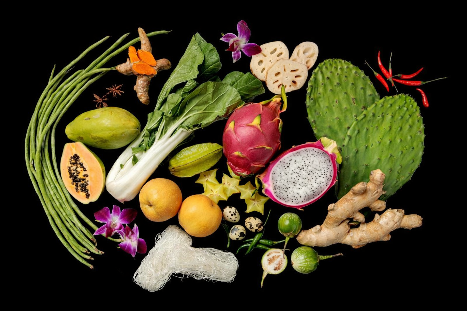 Arrangement of tropical fruits, vegetables, herbs, and flowers on a black background, including dragon fruit, starfruit, papaya, green mango, red dragon fruit, starfruit, chili peppers, ginger, orchids, and lotus root.