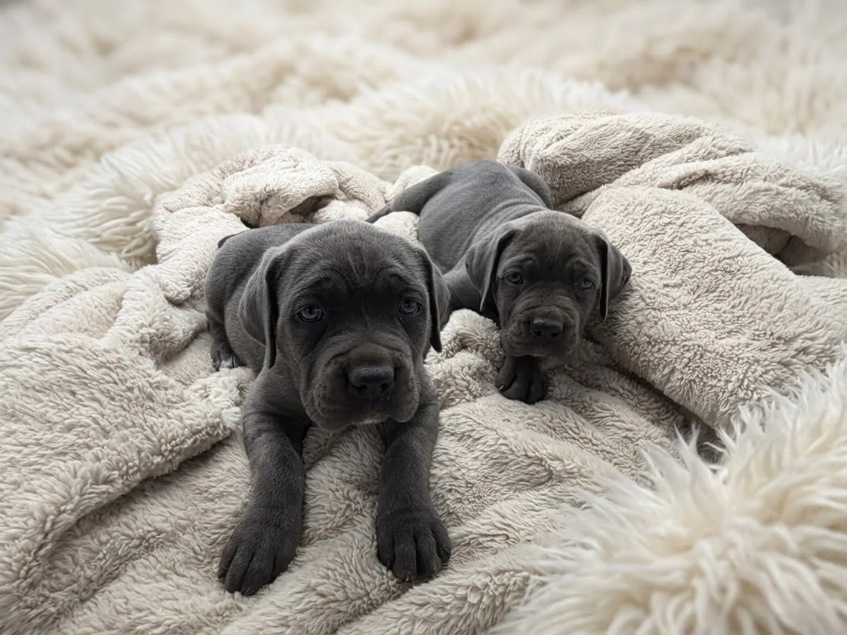 Two gray puppies lying on a fluffy cream-colored blanket.