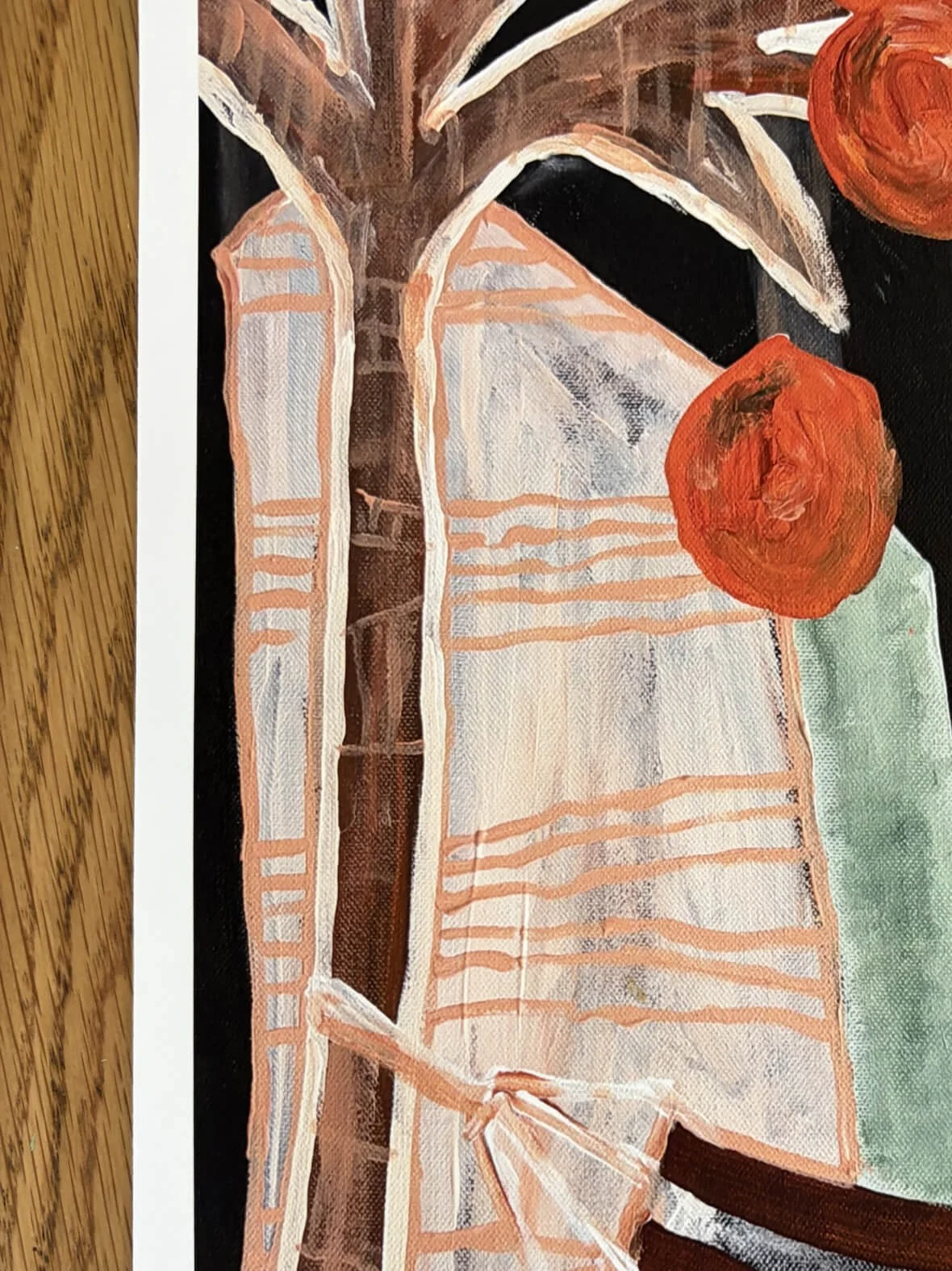 Detail of Falling Orange fine art print featuring orange botanical forms and striped hammock