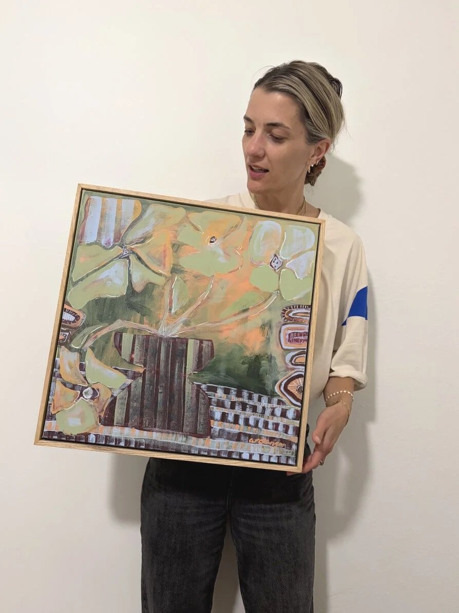 The Sunday Vase original abstract still life painting with artist Anita Robinson showing artwork scale and size.