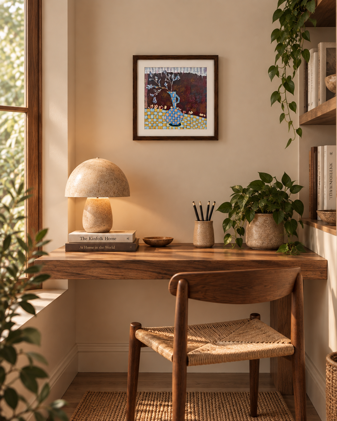 After the Picnic 40 x 40cm abstract fine art print by Sydney artist Anita Robinson styled in a warm study nook with a dark timber frame.