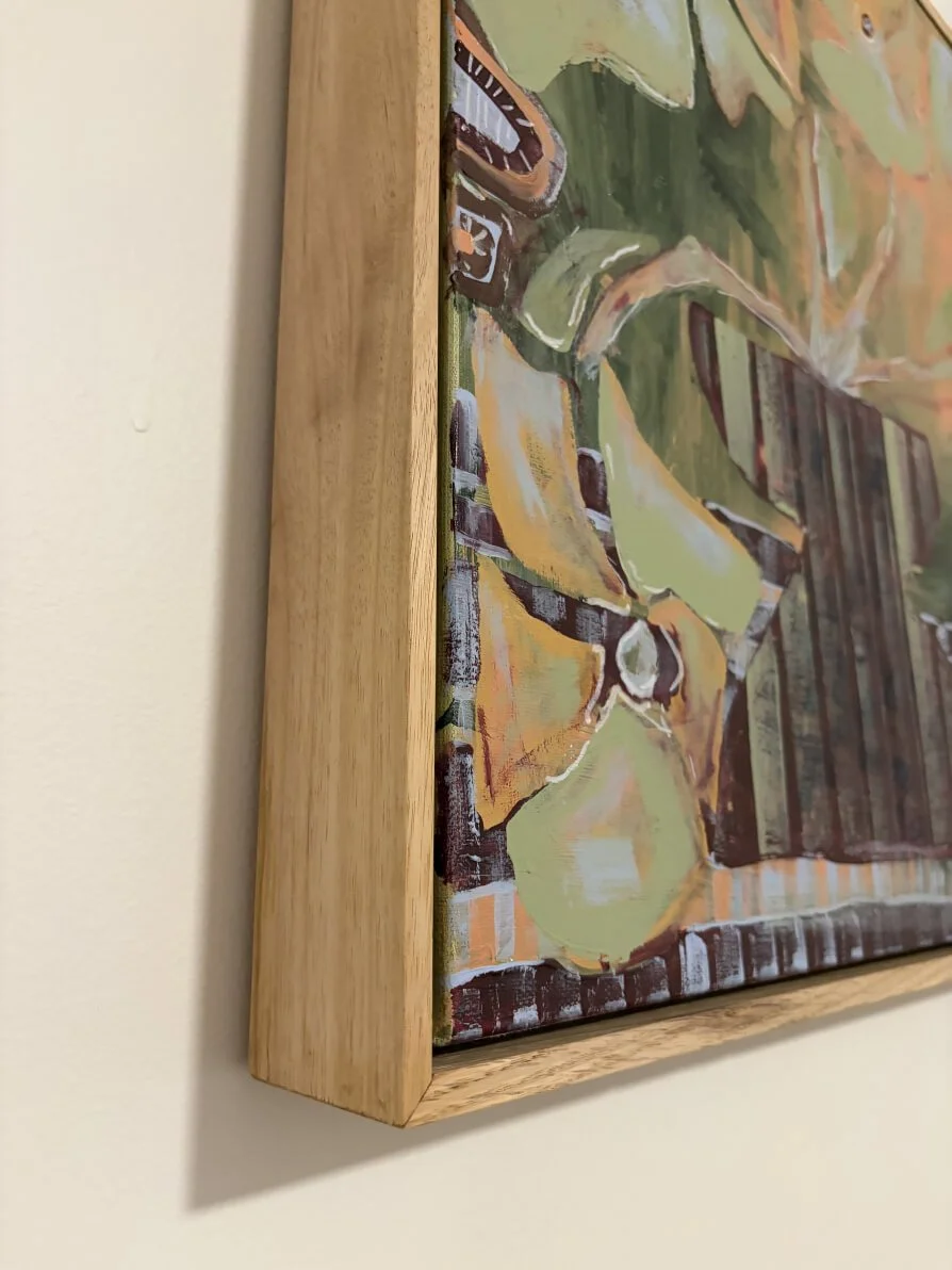 Close-up detail of the natural oak timber frame on The Sunday Vase original abstract painting.