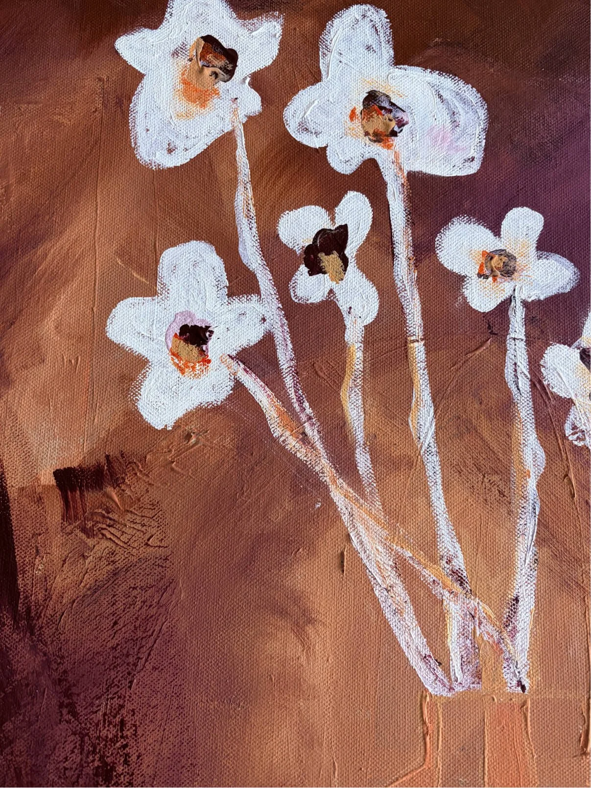 Contemporary still life painting detail featuring flowers in a terracotta vase