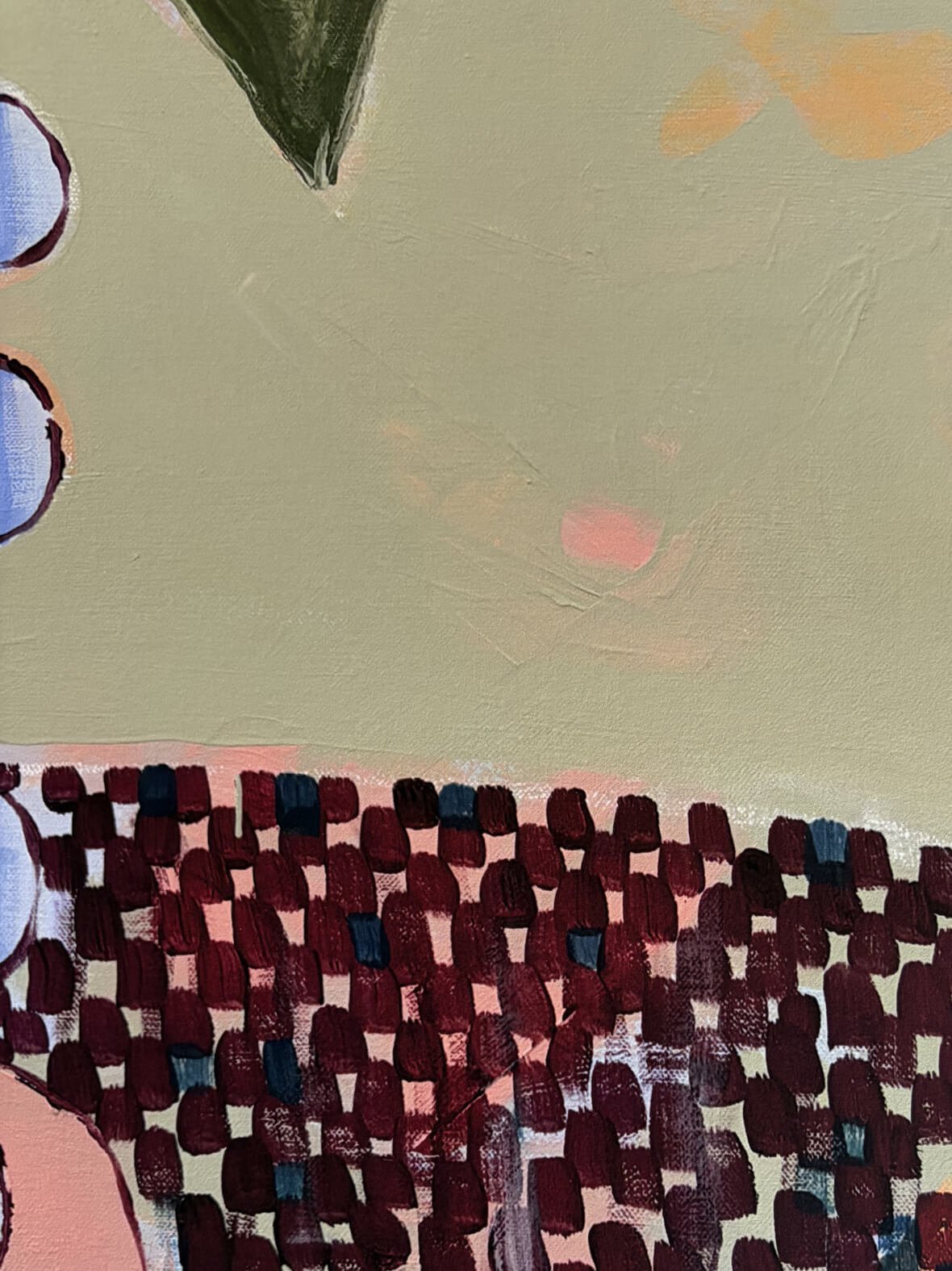 Close-up detail of Not So Still fine art print showing blue floral form and olive green leaf