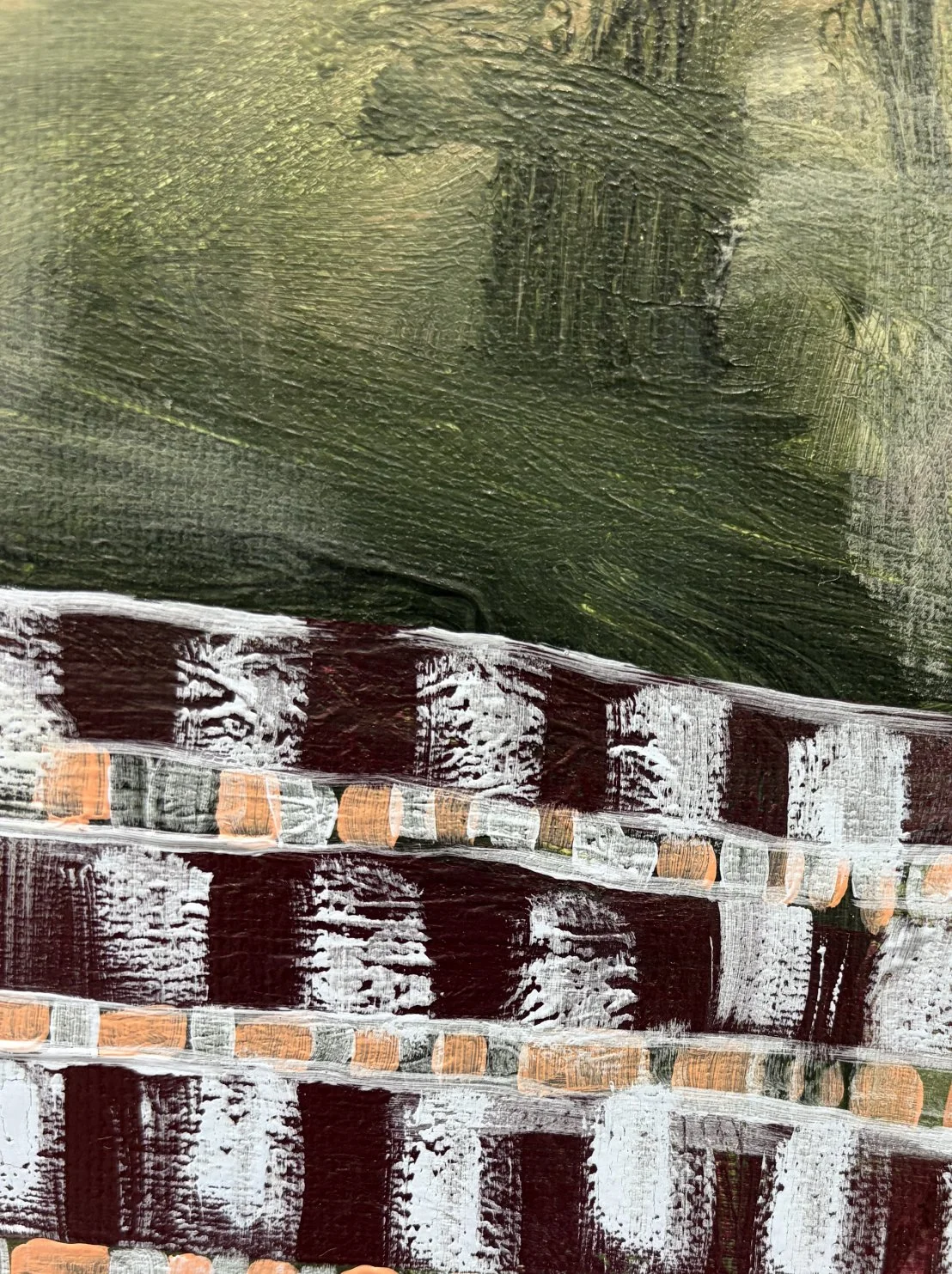 Artist signature on a rich textured checkered pattern detail from an original abstract acrylic painting by Anita Robinson.