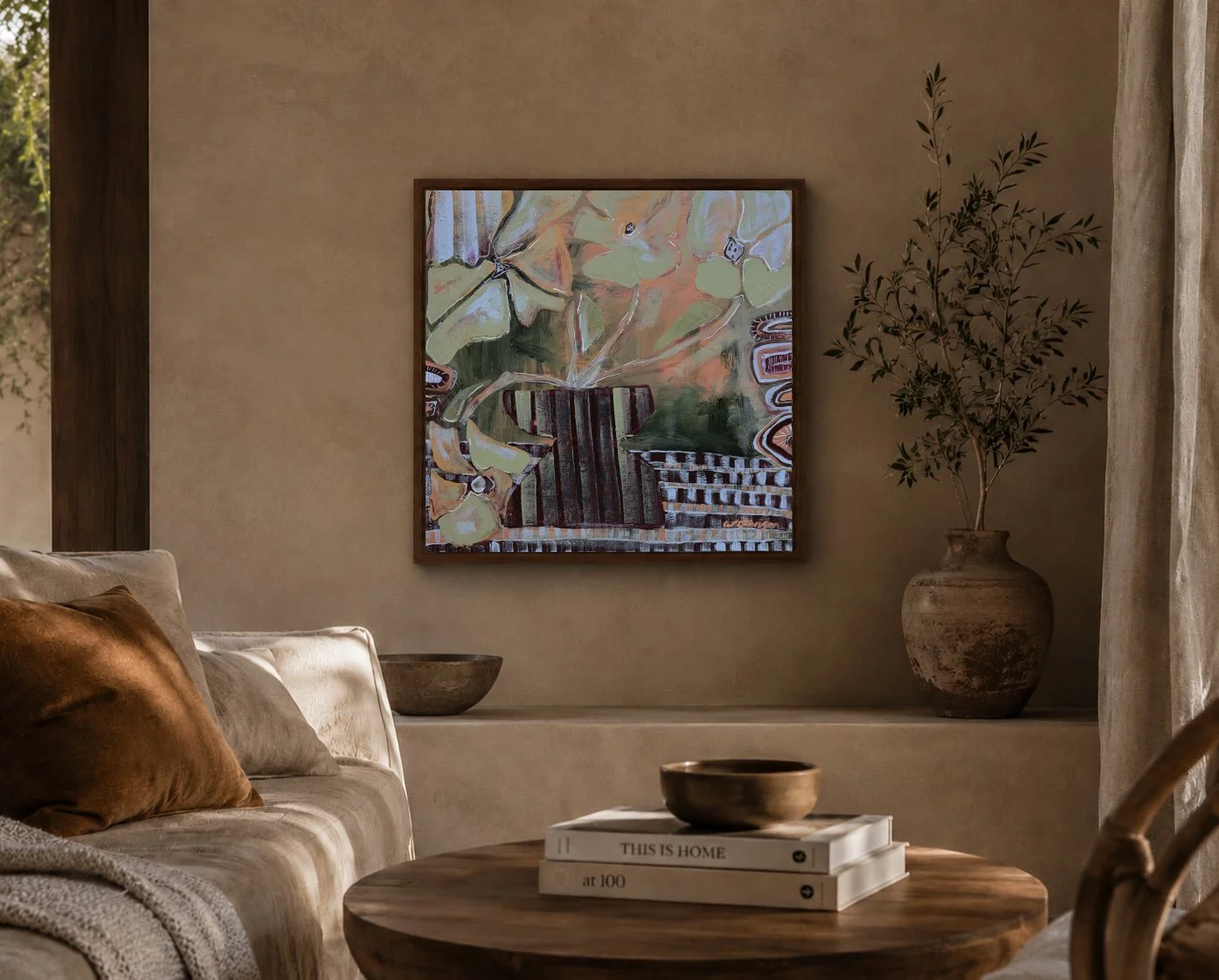 remium interior design styling with framed original art canvas The Sunday Vase in a warm, neutral textured room with a timber console.