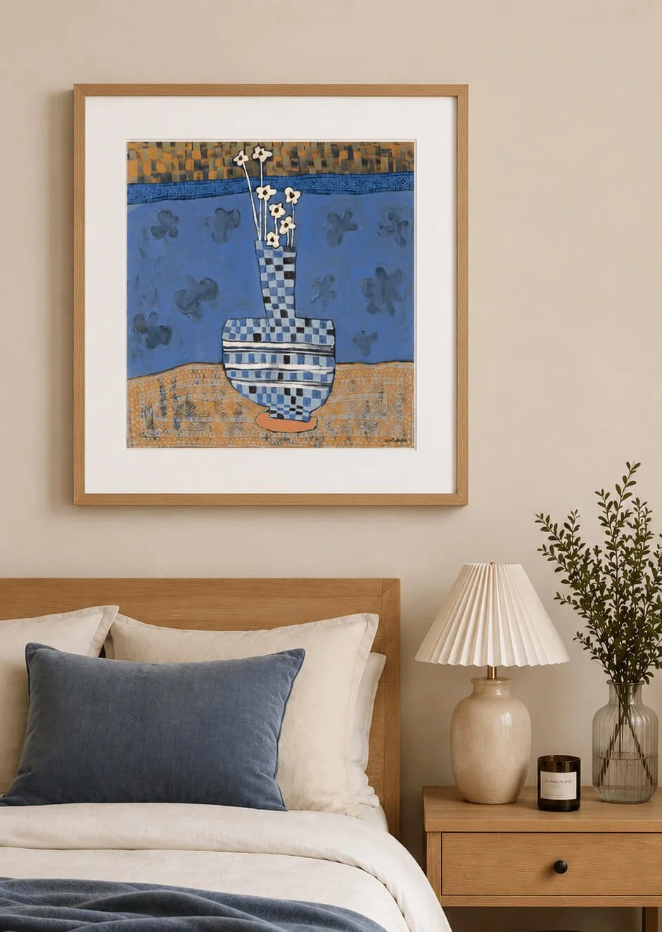 Archival cotton rag art print of Stillness in Blue abstract still life painting, displayed in a modern earthy brown timber frame with natural lighting.