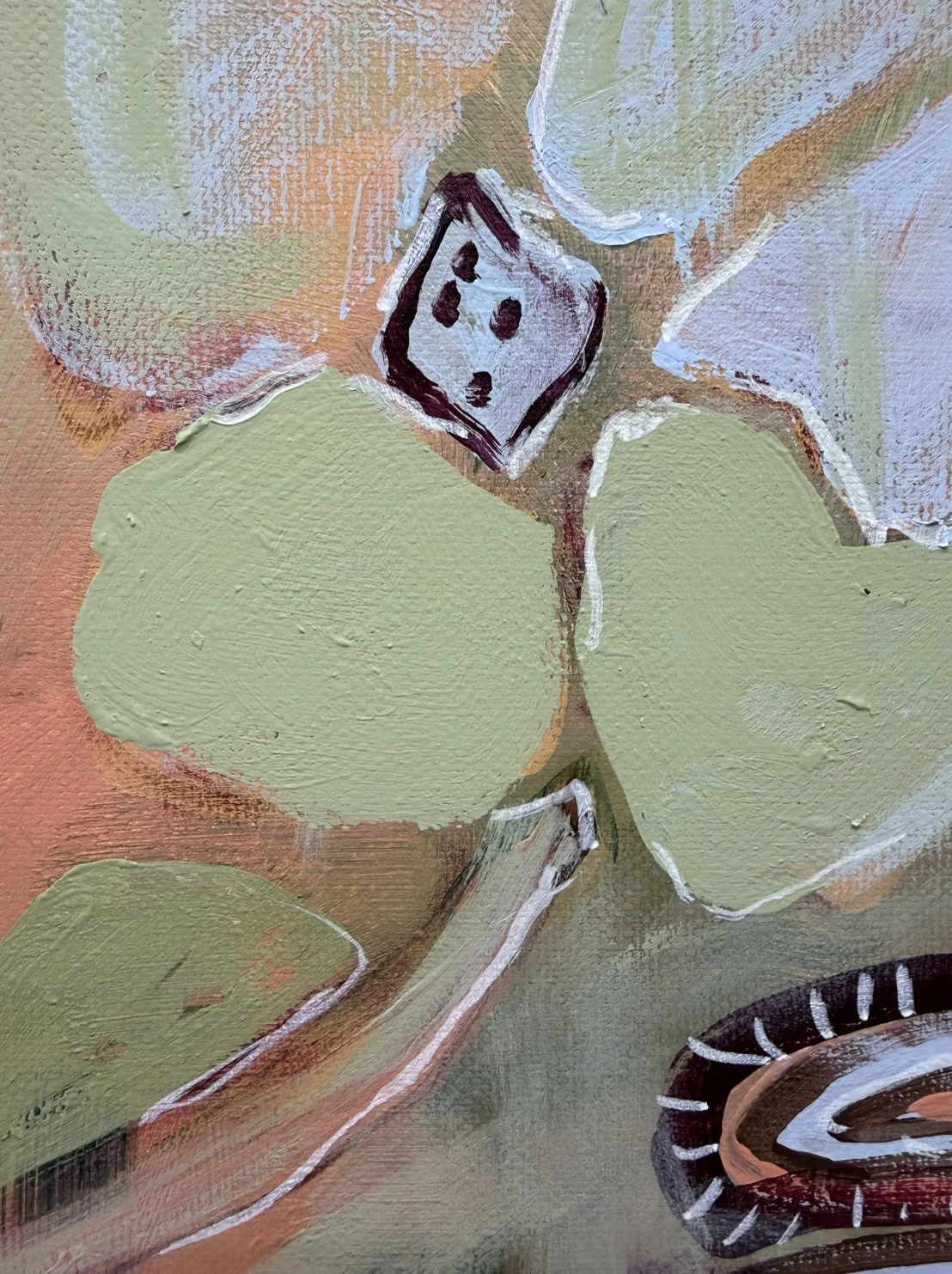 Macro crop showing layered olive green, sage, and terracotta textures in an abstract still life artwork by Sydney artist Anita Robinson.