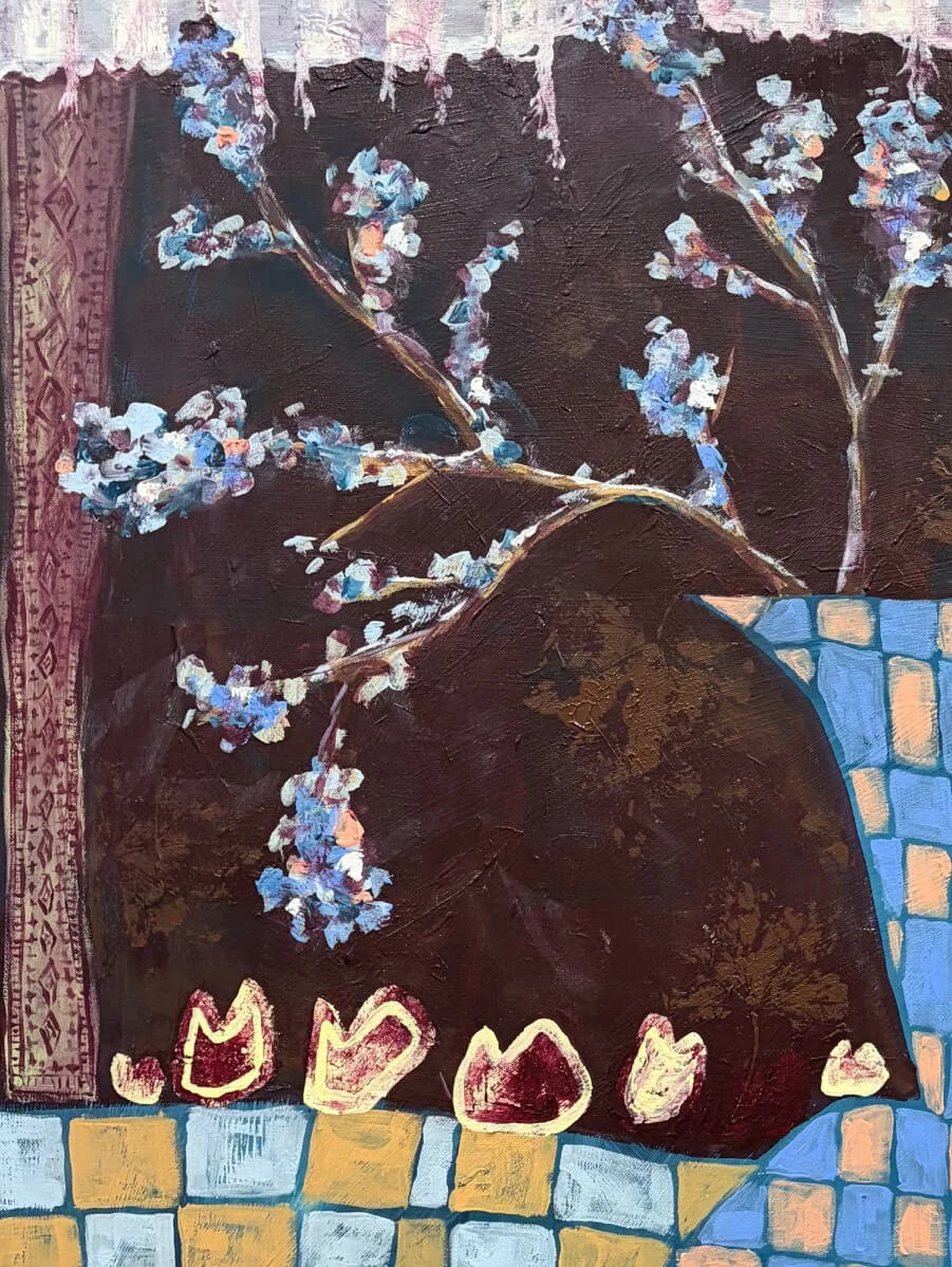Close-up of blue checkered vase, painted hearts and textured picnic rug in After the Picnic by Anita Robinson