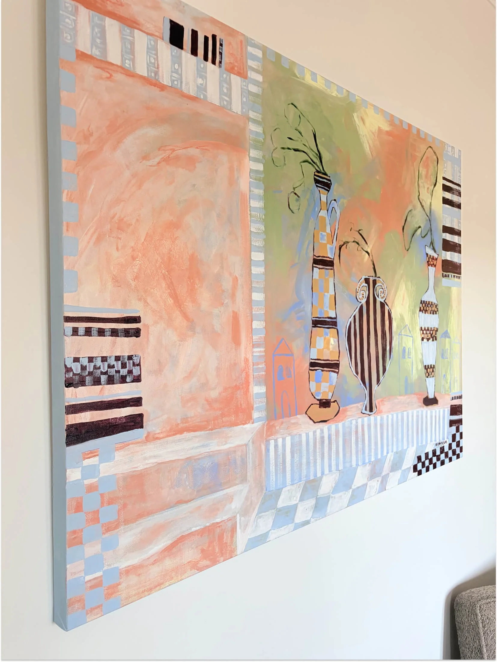 Side view of Late Checkout original acrylic painting on canvas