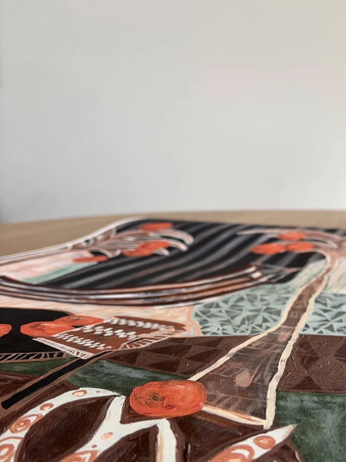 Close-up detail of Falling Orange fine art print showing painterly texture and earthy tones