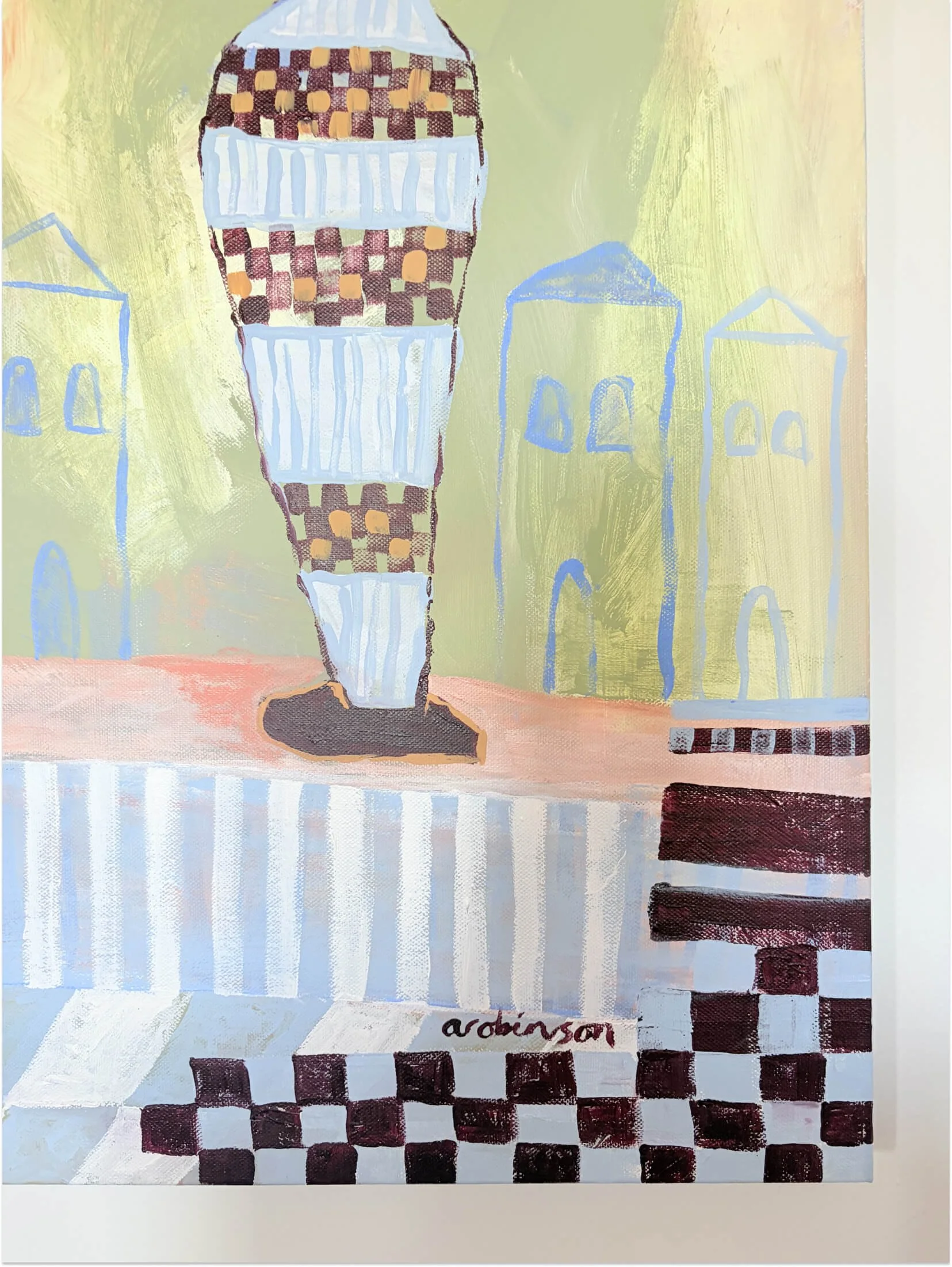 Striped vase and Mediterranean-inspired building detail in Late Checkout