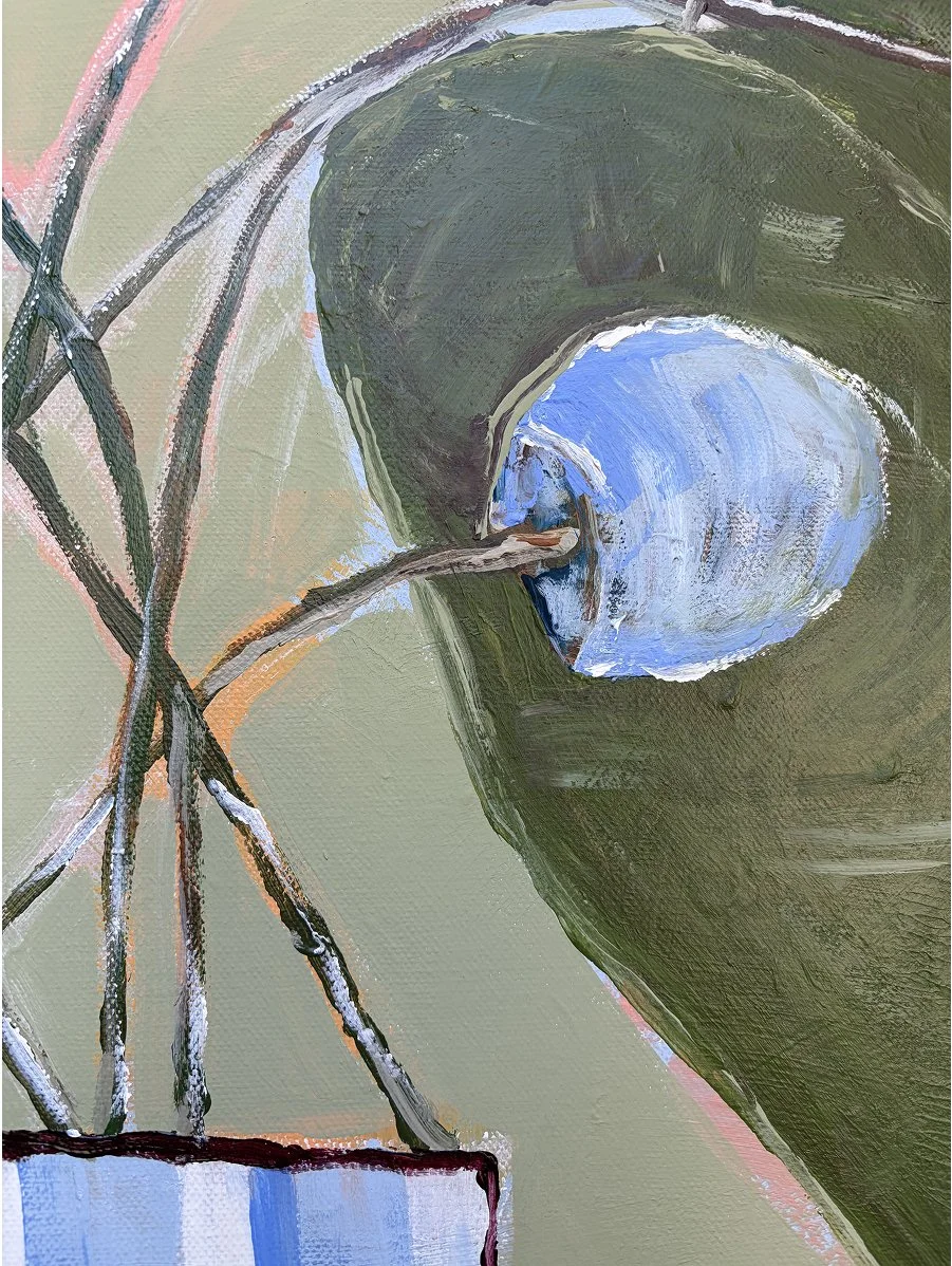 Detail of heavy, layered acrylic paint and bold brushstroke textures on the blue floral elements of an original abstract still life.