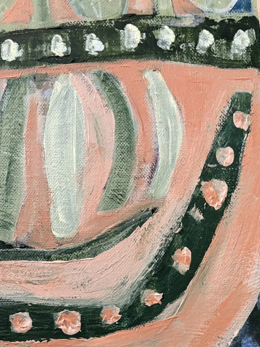 Close-up detail of patterned vase in Hidden in the Leaves by Anita Robinson