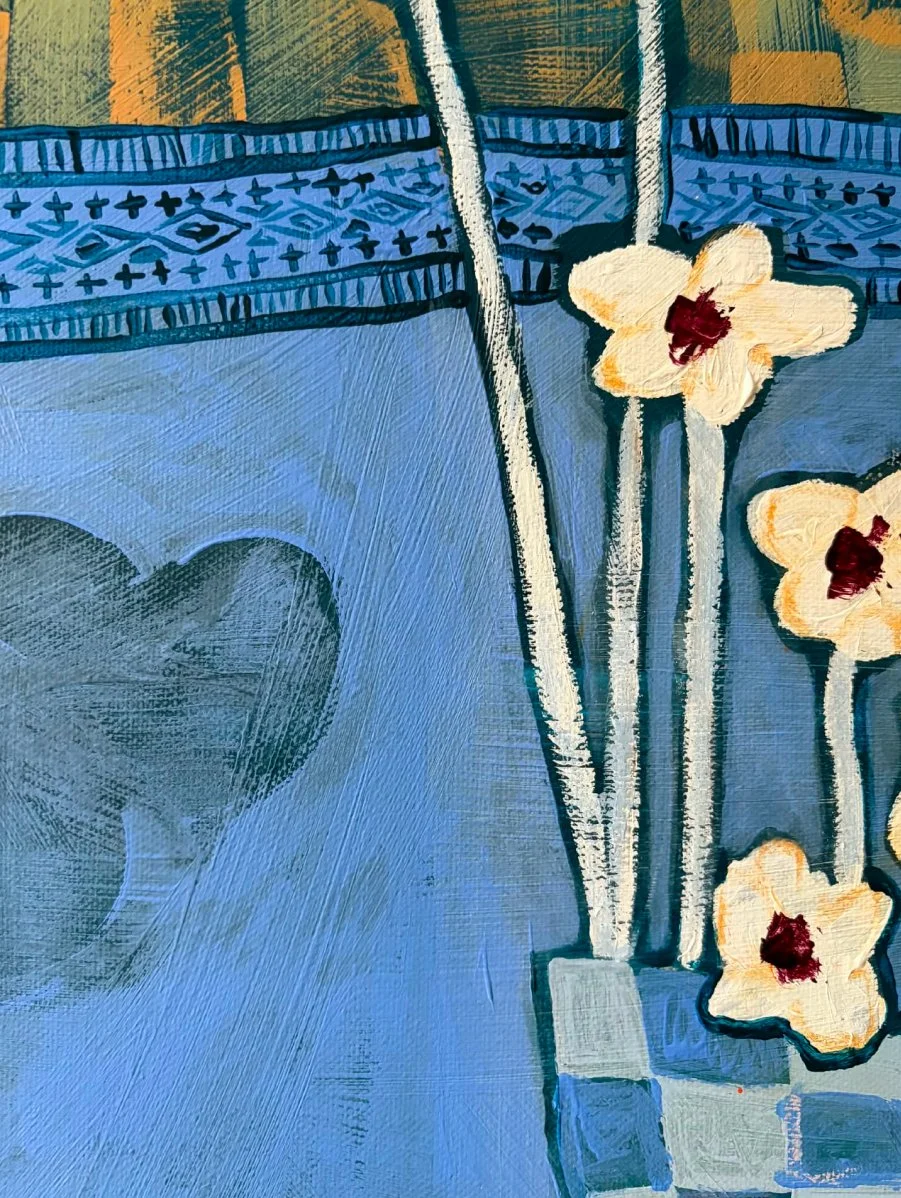 Detailed view of stylized white flowers and tonal blue leaf shapes showing the heavy, layered paint texture on the canvas.
