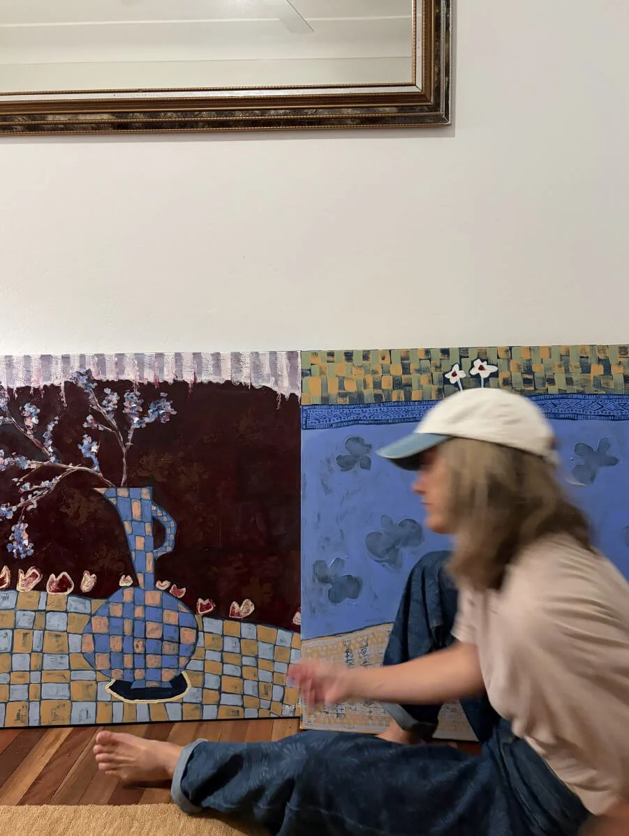 After the Picnic is a 91cm x 91cm original abstract still life painting by Sydney artist Anita Robinson, featuring rich burgundy tones, blue florals and layered textured details.