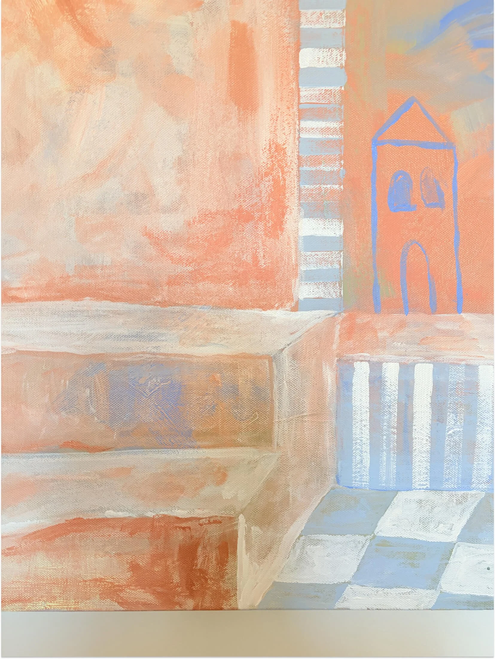 Peach and blue architectural detail inspired by Burano, Italy