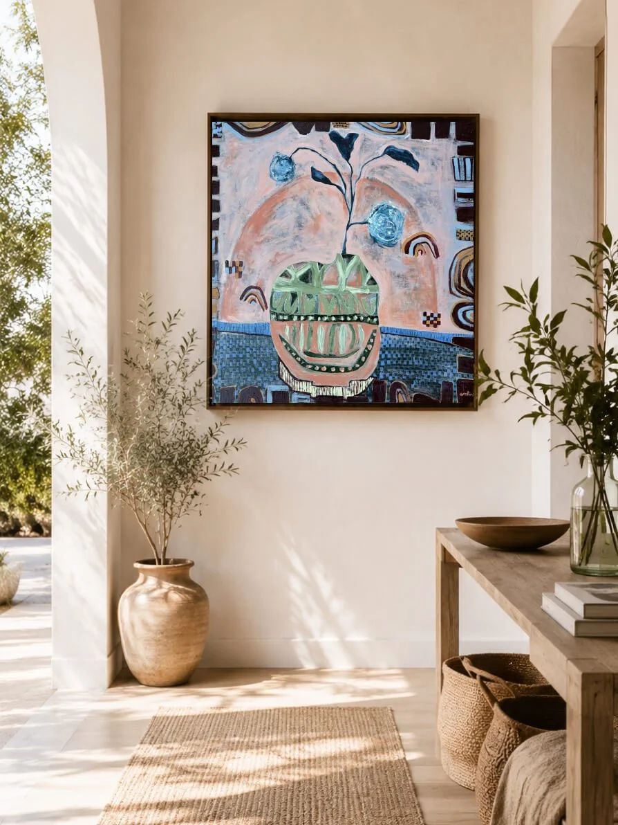 Hidden in the Leaves by Anita Robinson displayed in a light-filled contemporary entrance hall