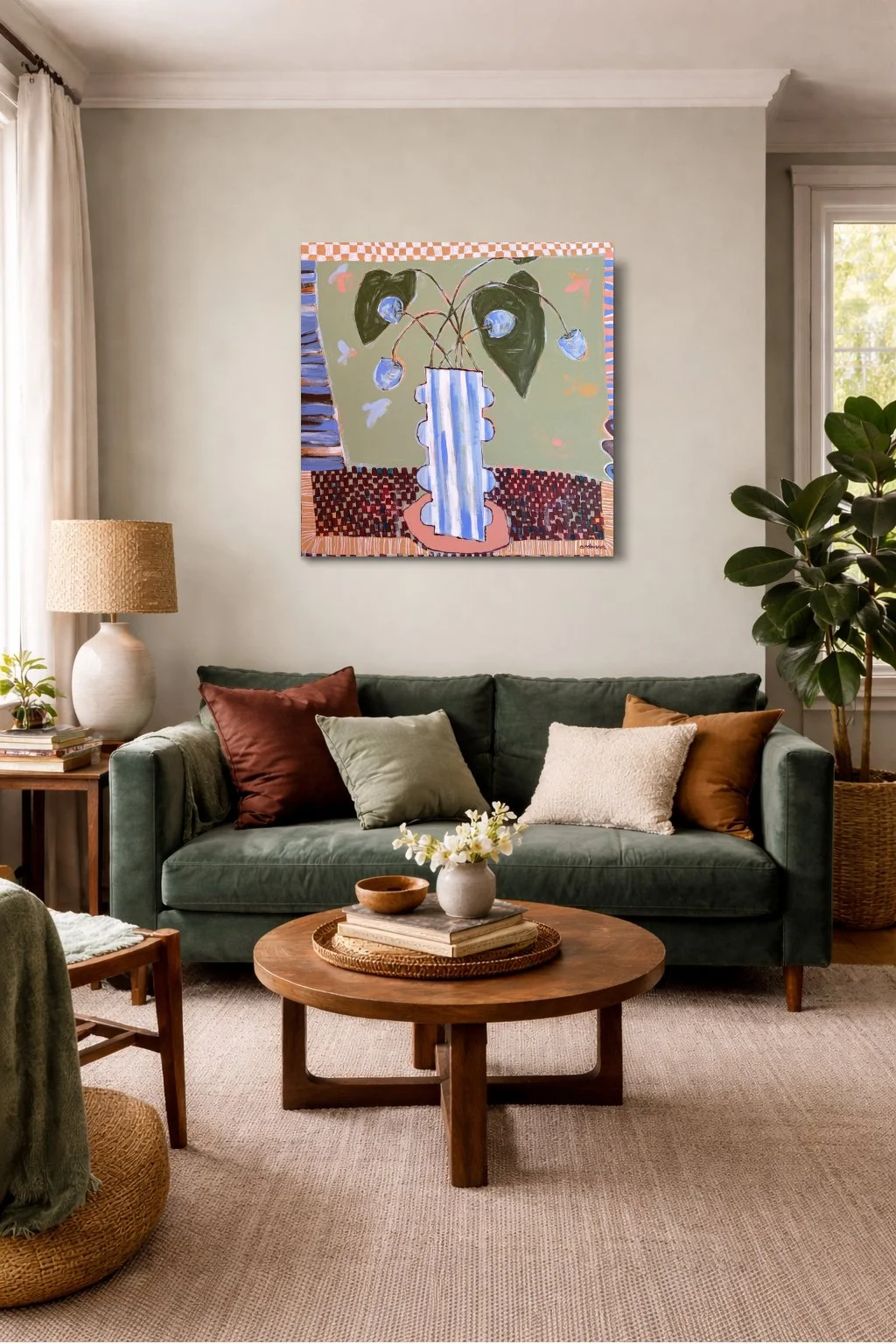 Large 91x91cm square abstract floral painting titled 'Not So Still' by Anita Robinson hanging on a wall above a modern sofa to show scale.