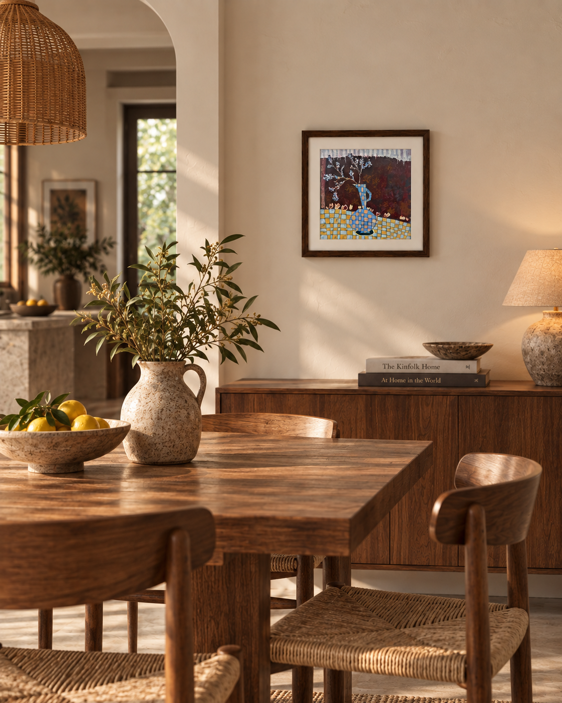 After the Picnic 40 x 40cm abstract fine art print by Sydney artist Anita Robinson styled in a warm dining room with a dark timber frame.