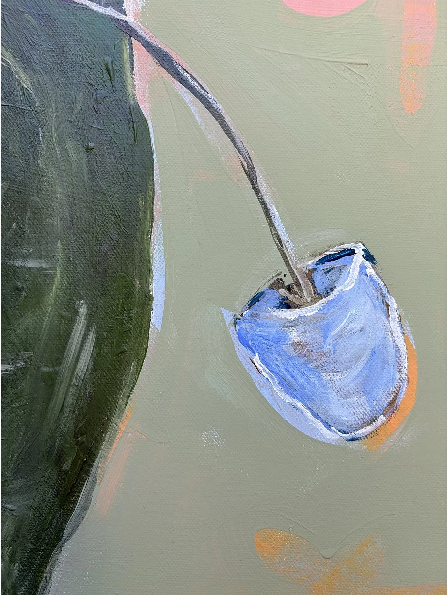 Detailed view of loose expressive brushstrokes in green and blue.