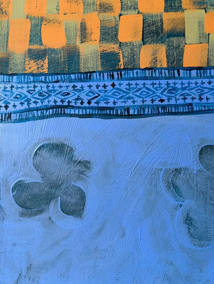 Close-up of the top decorative border with a checkered pattern in gold, ochre, and green tones sitting above a deep blue patterned band.