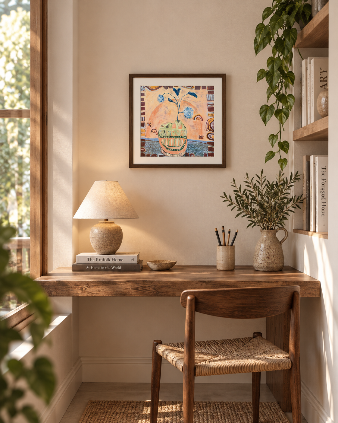 Hidden in the Leaves 40 x 40cm abstract fine art print by Sydney artist Anita Robinson styled in a warm study nook with a dark timber frame.