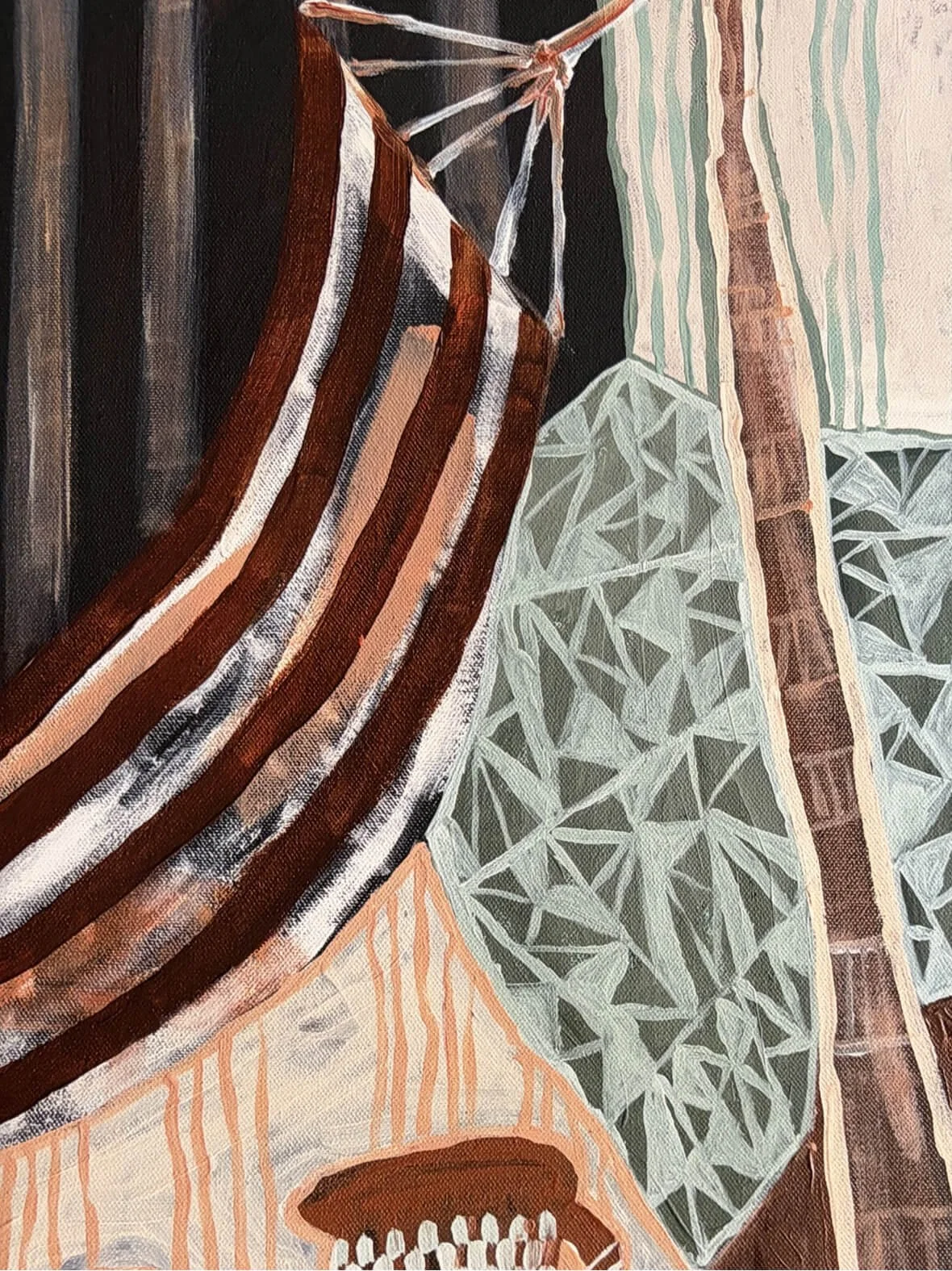 Close-up section of Falling Orange fine art print showing layered brushwork and earthy colours