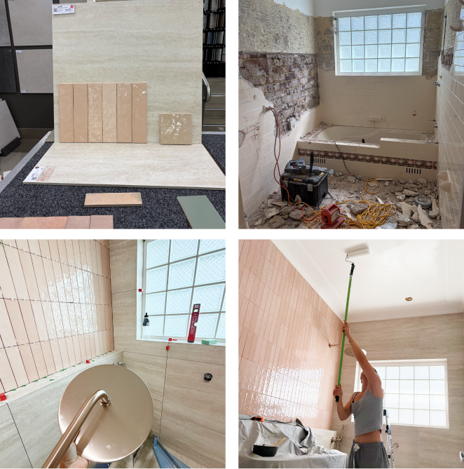 A four-image collage documenting an artist’s bathroom renovation, showing mood board planning, chaotic demolition, champagne tapware installation, and the artist, Anita Robinson, painting the ceiling.