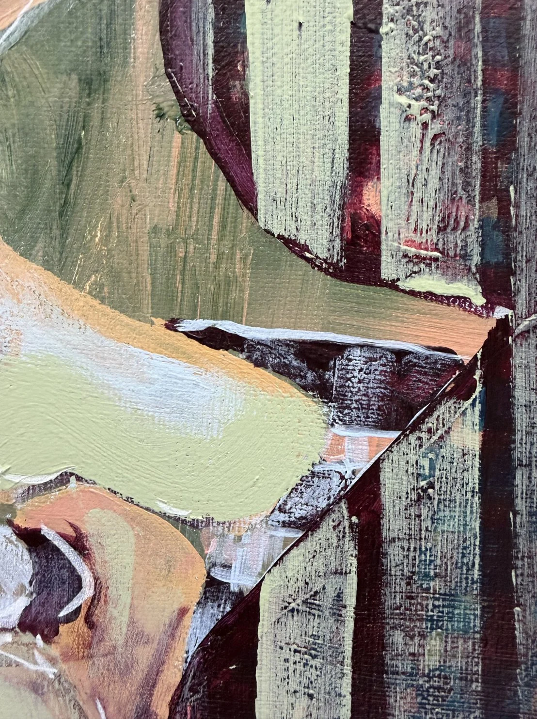 Close-up brushstrokes and heavy texture on the dark striped ceramic vessel from the abstract painting The Sunday Vase by Anita Robinson.