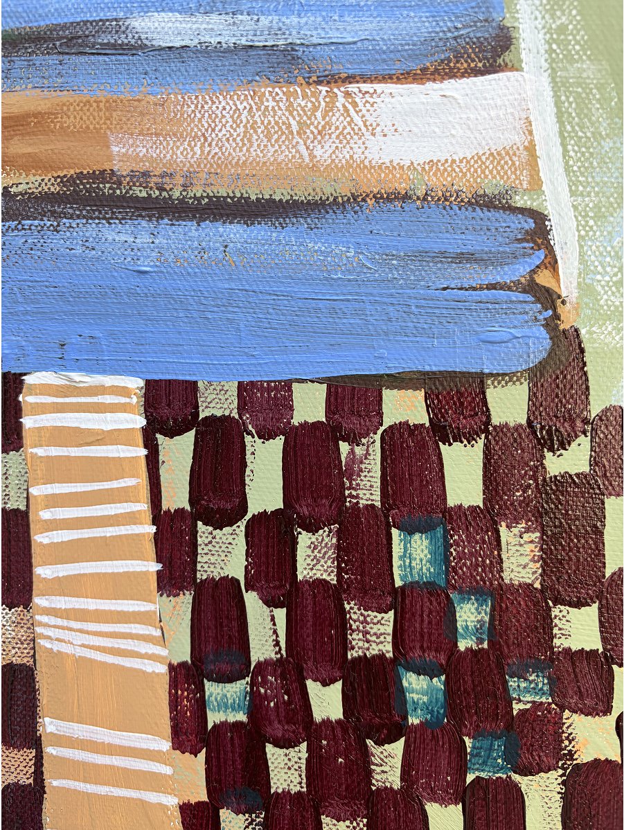 Close up of hand-painted checkered border detail on an original abstract artwork.