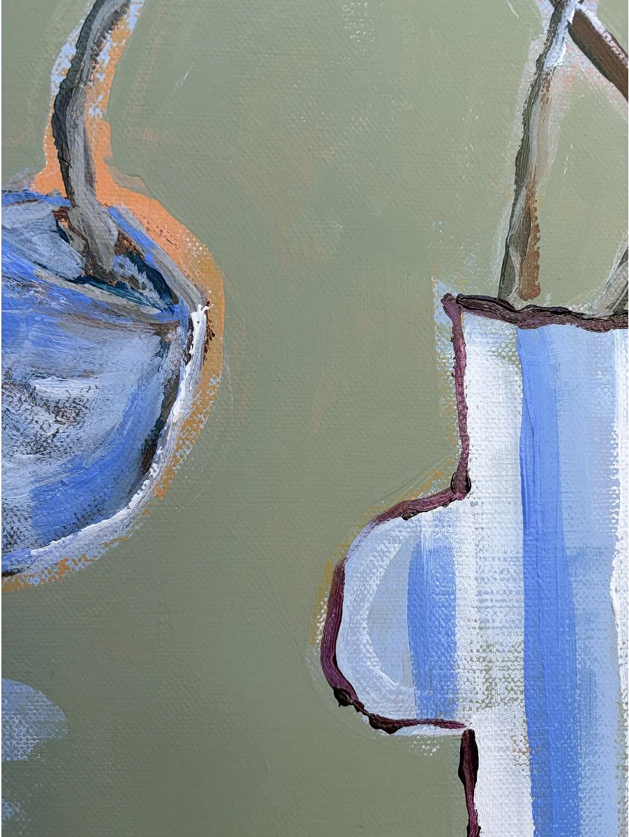 Close-up of a blue and white striped vase with expressive green foliage from the Not So Still original painting by Anita Robinson.