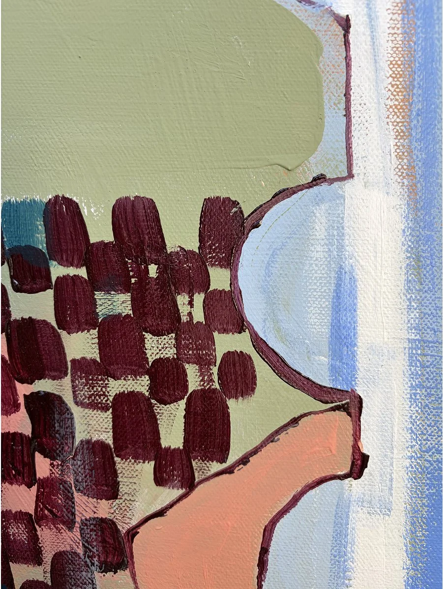 Macro detail of thick blue and white impasto paint texture on a still life vase painting.