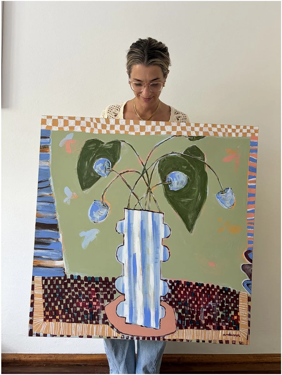 Not So Still original abstract still life painting by Anita Robinson featuring a blue striped vase.