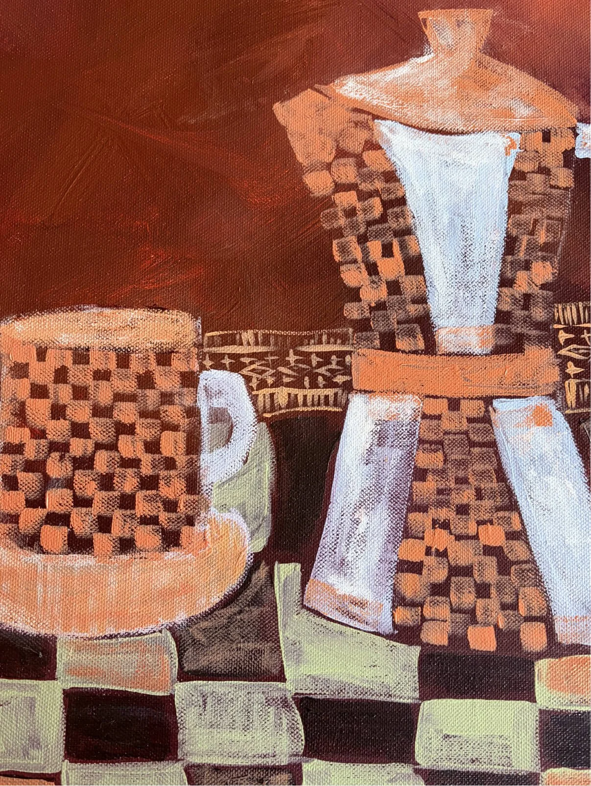 Original still life artwork detail featuring coffee pot and patterned cup
