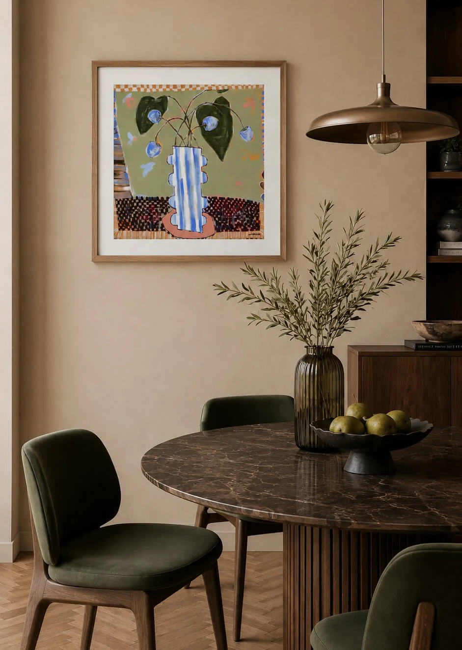 Original contemporary abstract still life painting titled Not So Still by Anita Robinson, showcased in a natural wood frame on a warm beige plaster wall in a modern earthy dining room setting.