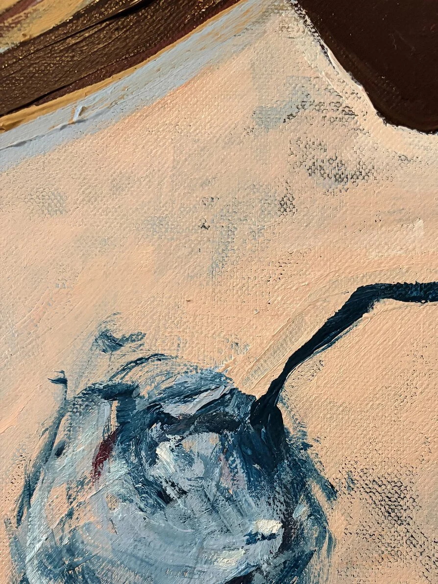 Close-up detail of blue flower bud and textured acrylic brushwork in Hidden in the Leaves