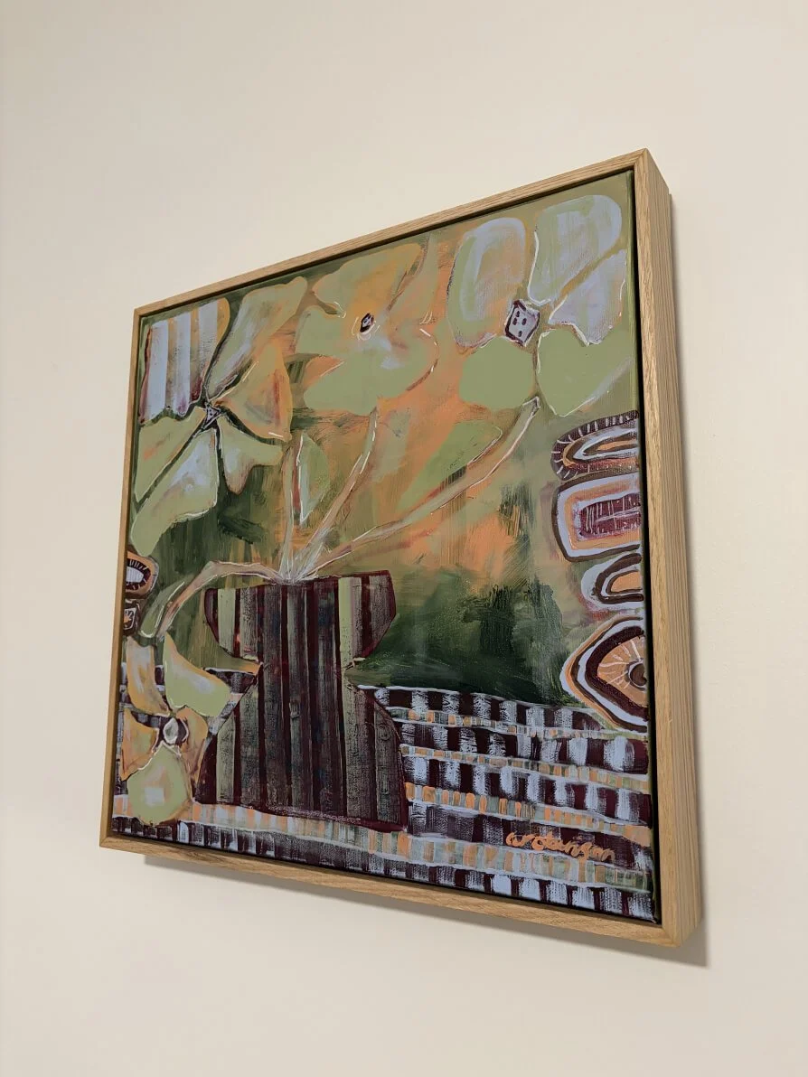 The Sunday Vase original abstract still life painting framed in oak and displayed on a wall.