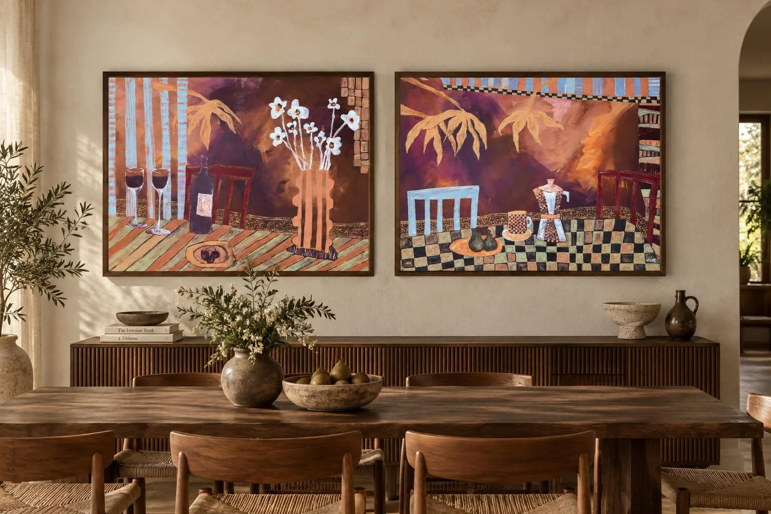 Large original still life paintings by Anita Robinson displayed together in a dining room